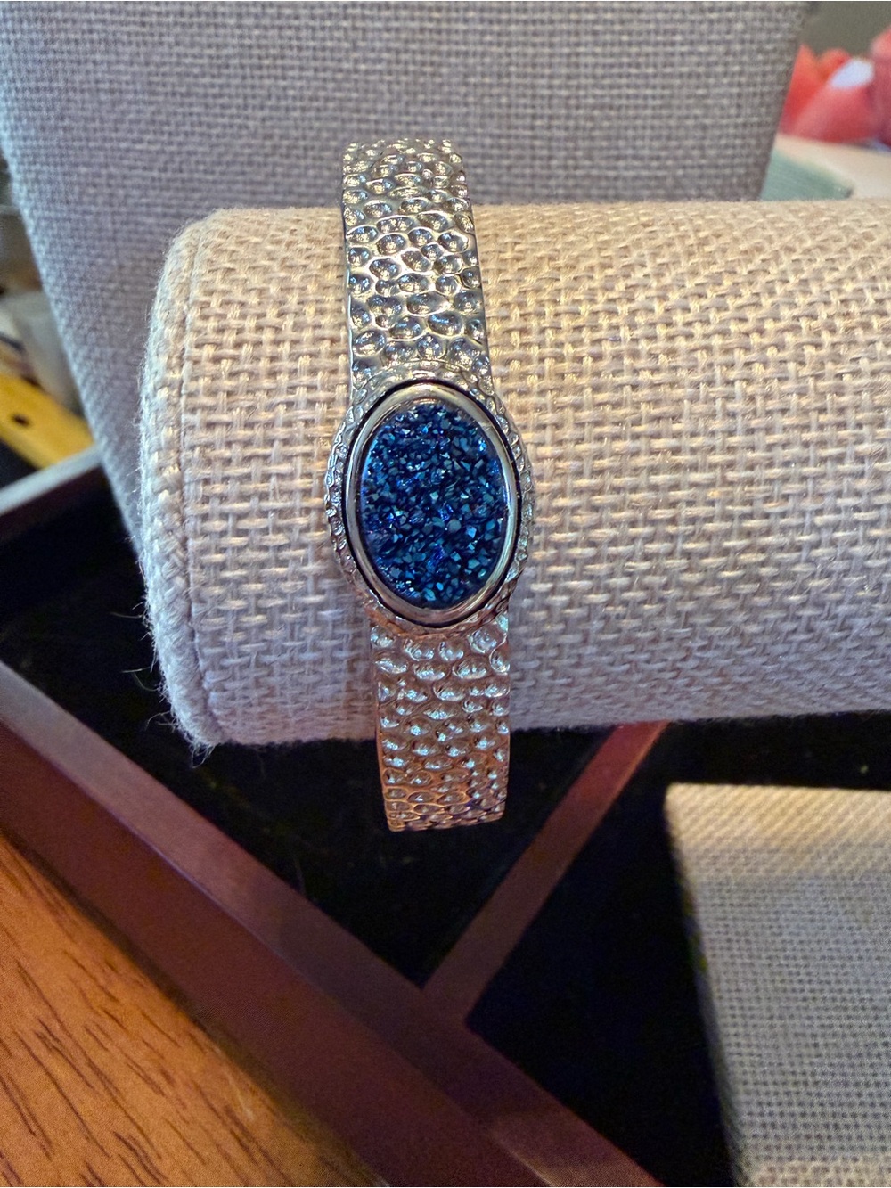 Silver Textured Silver Cuff Bracelet with Blue Druzy Accent 925 - Picture 2 of 5
